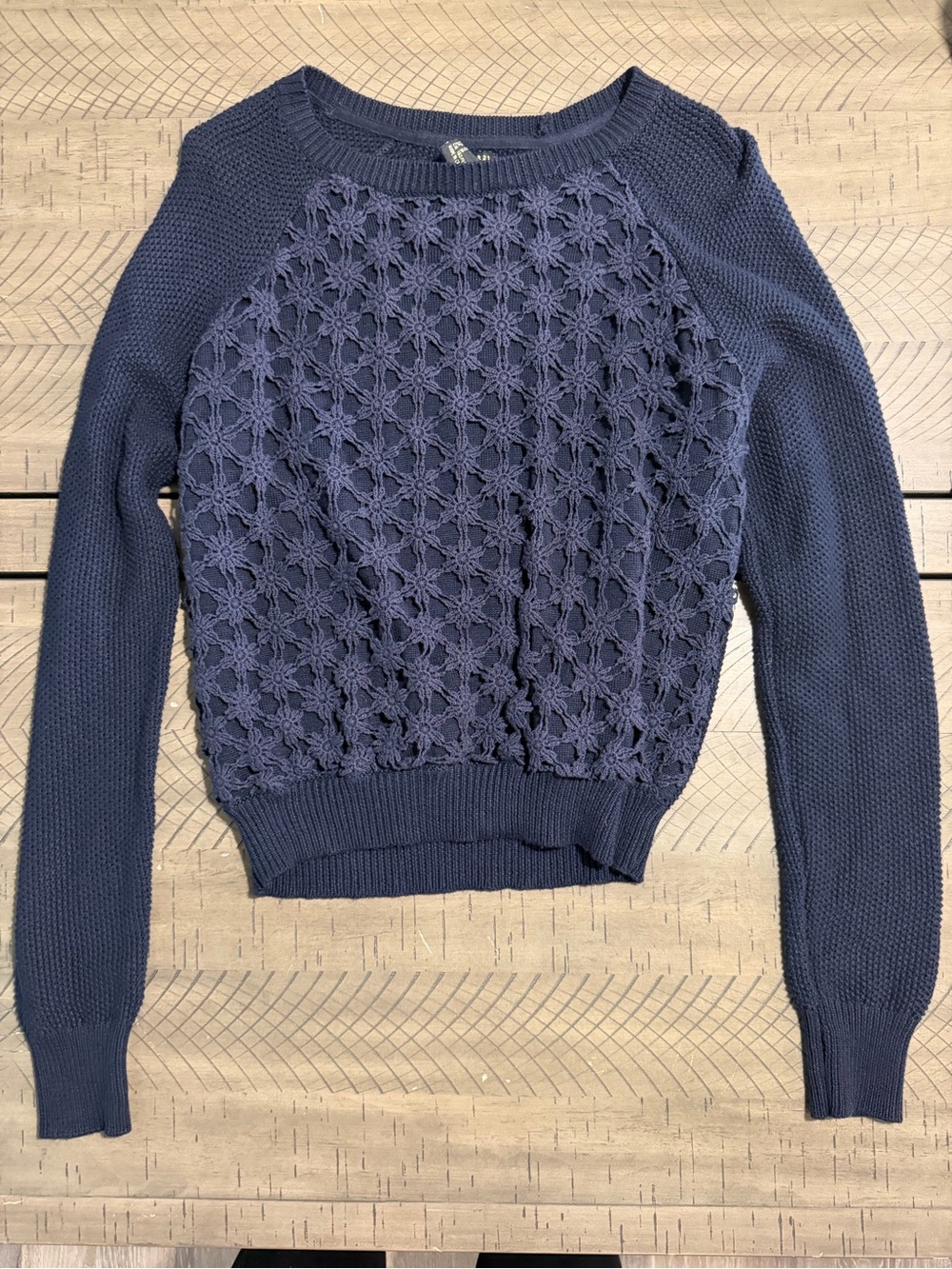 Forever 21 Navy Crochet Front Crew Neck Sweater